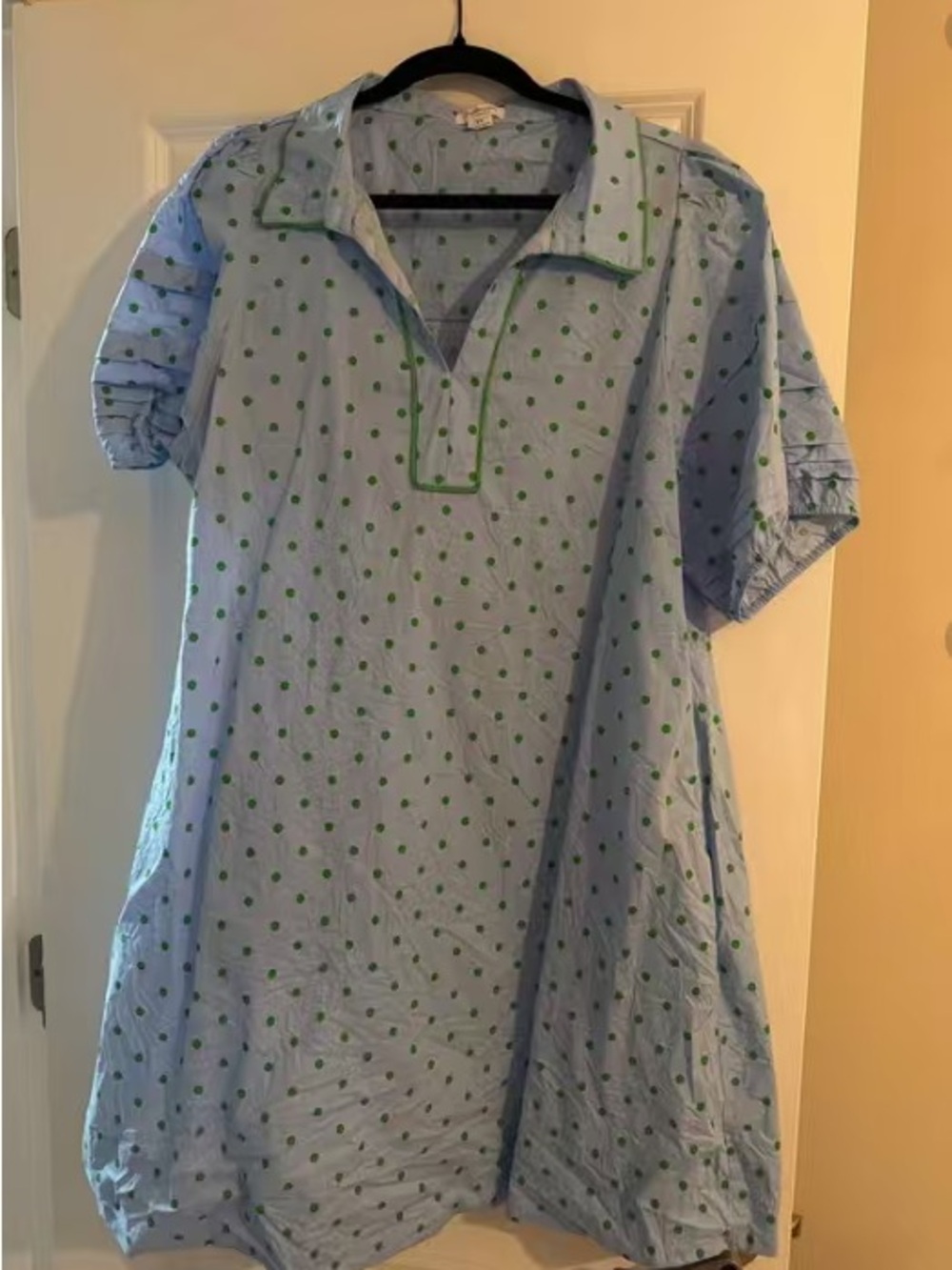 Light Blue Girls' Polo Dress with Green Polka Dots